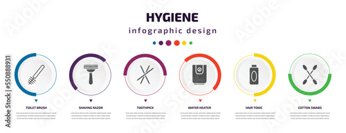 hygiene infographic element with filled icons and 6 step or option. hygiene icons such as toilet brush, shaving razor, toothpick, water heater, hair tonic, cotton swabs vector. can be used for