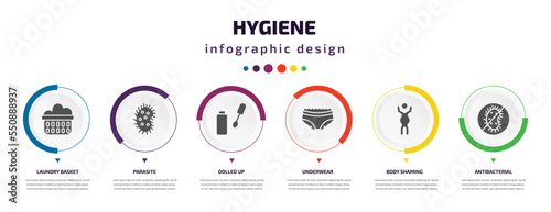 hygiene infographic element with filled icons and 6 step or option. hygiene icons such as laundry basket, parasite, dolled up, underwear, body shaming, antibacterial vector. can be used for banner,