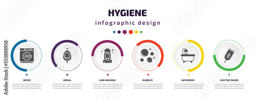 hygiene infographic element with filled icons and 6 step or option. hygiene icons such as dryer, urinal, hair washing, bubbles, bathroom, electric razor vector. can be used for banner, info graph,