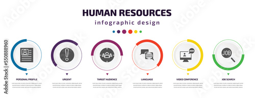 human resources infographic element with filled icons and 6 step or option. human resources icons such as personal profile, urgent, target audience, language, video conference, job search vector.