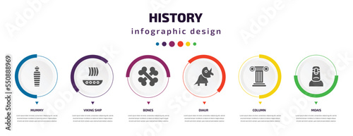 history infographic element with filled icons and 6 step or option. history icons such as mummy, viking ship, bones, diaur, column, moais vector. can be used for banner, info graph, web.