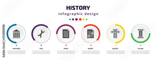 history infographic element with filled icons and 6 step or option. history icons such as pantheon, tool, paper, report, ancient, pillars vector. can be used for banner, info graph, web.