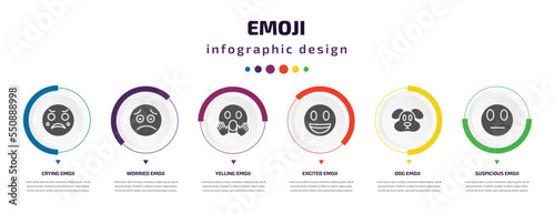 emoji infographic element with filled icons and 6 step or option. emoji icons such as crying emoji, worried yelling excited dog suspicious vector. can be used for banner, info graph, web.