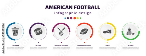 american football infographic element with filled icons and 6 step or option. american football icons such as trash can, hot dog, american football medal, cleats, referee vector. can be used for