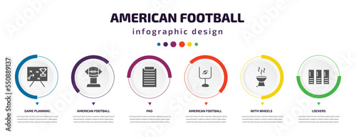 american football infographic element with filled icons and 6 step or option. american football icons such as game planning, american football tee, pad, goal, with wheels, lockers vector. can be