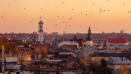 Canvastavla View of the city of Lviv at sunset. View from above .Ukraine