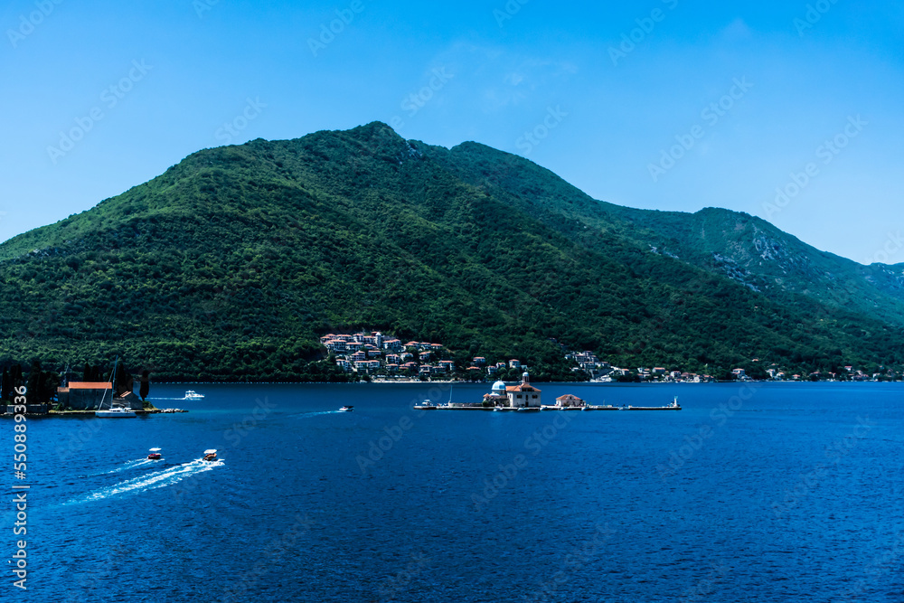 Kotor bay landscape with St. George Island near town Perast, Montenegro.