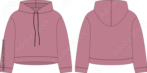 Women crop hoodie technical sketch. Pudra color. CAD mockup template hoody.