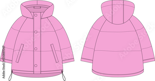Ooversized raglan puffer winter down coat technical sketch. Pink color. Women's quilting jacket design template.