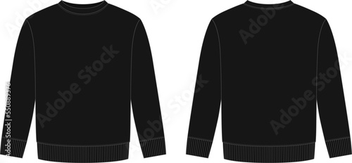 Blank childrens sweatshirt technical sketch. Black color. Kids wear jumper design template.