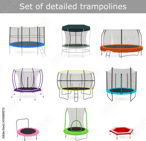 Set of different detailed trampolines for children's and adults. Collection of trampolines with safety net for jumping isolated on white photo