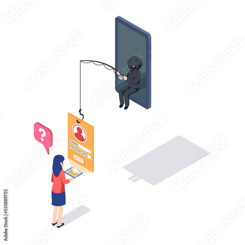 Phishing by email. hacker attacks a smartphone by message. fraud scam and steal private data on devices. vector illustration isometric flat design for cyber security awareness concept.