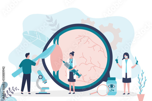 Laser eye surgery, concept banner. Vision correction. Group of ophthalmologists, oculist and optician doctors. Medical clinic, healthcare. Lasik eye surgery for myopia.