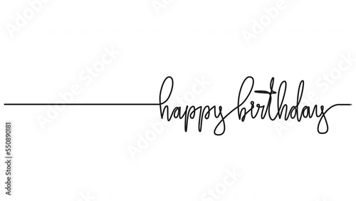 animated continuous single line drawing of text HAPPY BIRTHDAY isolated on white, line art animation