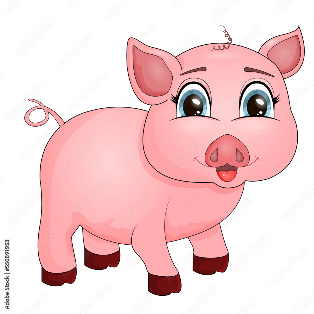 Cute cartoon pig isolated on white. Beautiful animal for design. Vector illustration
