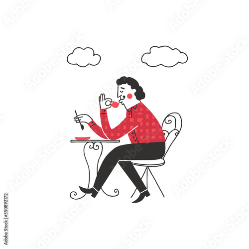 Gourmet man drinking coffee in a french cafe. Parisian man drinks tea on the outdoor terrace of the restaurant. Vector illustration in a handdrawn style