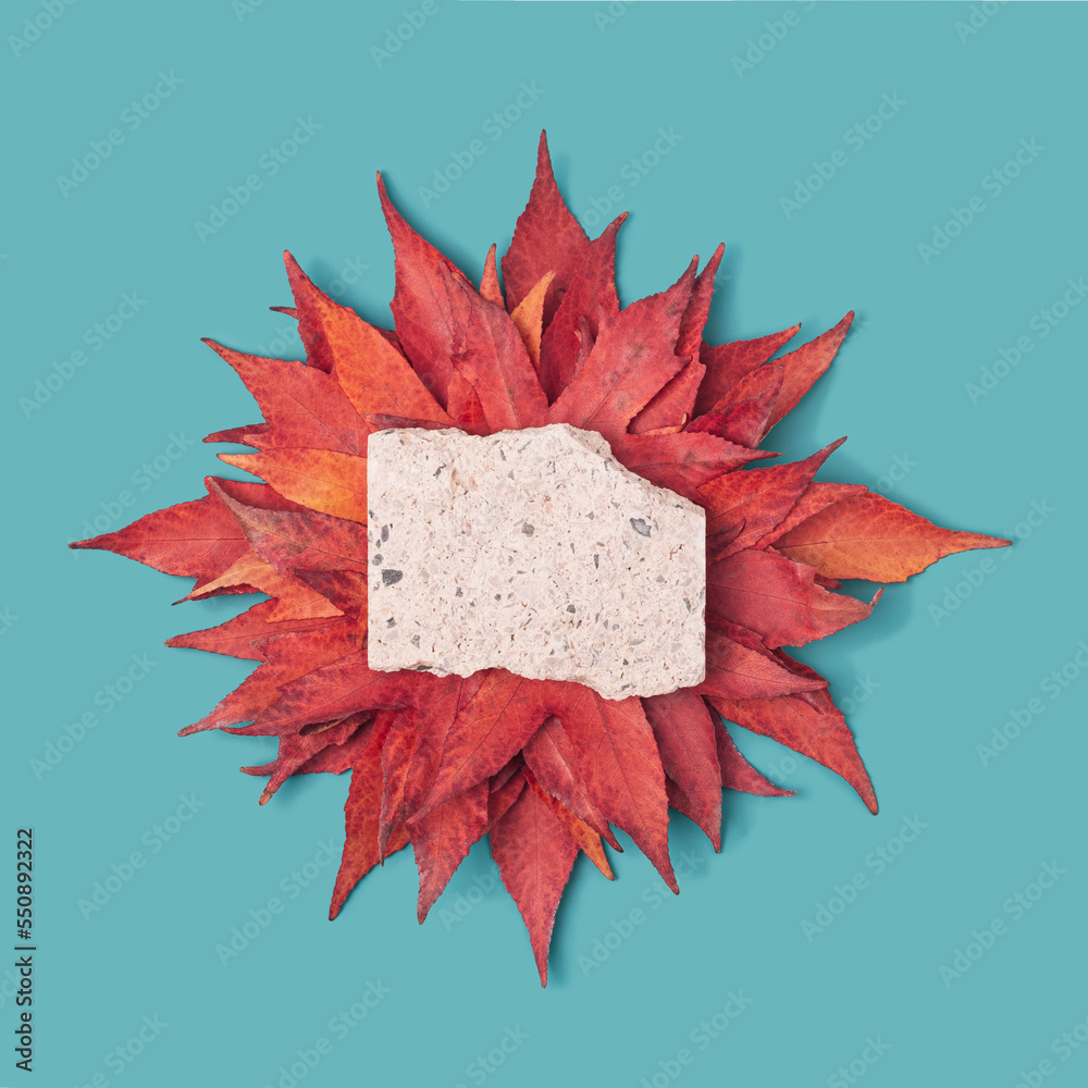 Obraz na plátně Concrete element on a dry red maple leaves