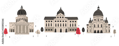 European architecture vector set. Different buildings and sights in hand drawn style