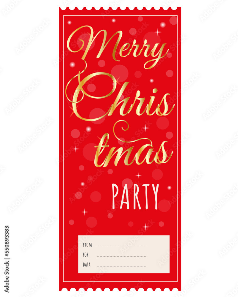 Ticket to the Christmas party on a red bokeh background and with a gold signature. Merry Christmas. 