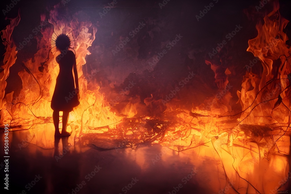 Silhouette of a person standing in front of a burning building. Silhouette of a person standing in front of a burning building.