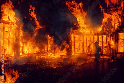Silhouette of a person standing in front of a burning building. 