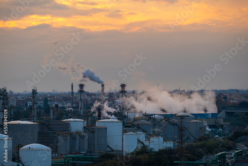 Industrial landscape of a refinery at sunset in the province of Tarragona in Spain