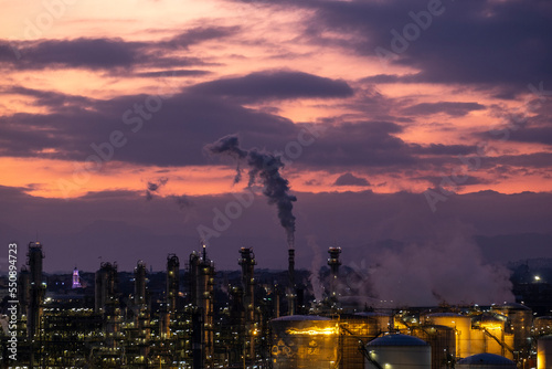 Industrial landscape of a refinery at sunset in the province of Tarragona in Spain photo