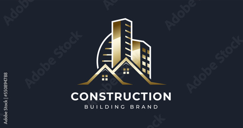 Luxury real estate house building construction line style logo icon symbol design template
