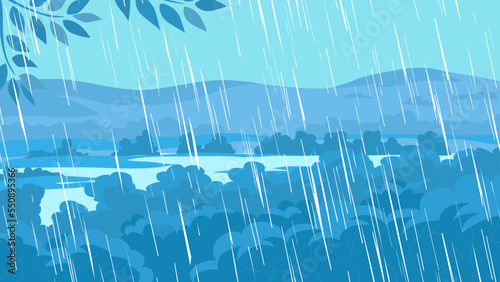 Rain in the wild with lake. Cloudy weather and season. Raindrop texture. Landscape of nature. Flat vector blue illustration