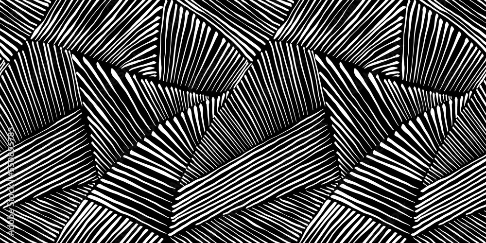 Seamless hand drawn geometric patchwork pattern made of fine white stripes on black background. Abstract rolling hills landscape motif or thatched polygons texture in a trendy doodle line art style.. - obrazy, fototapety, plakaty 