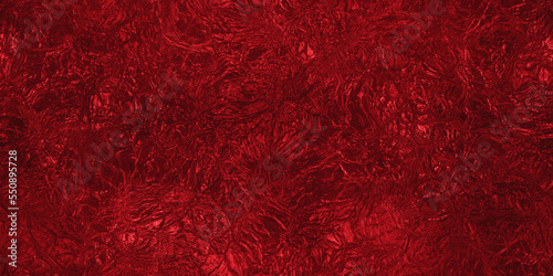 Seamless dark ruby red wrinkled metallic foil Christmas tissue wrapping paper sheet background texture. Shiny festive winter xmas holiday crumpled candy wrapper pattern backdrop. 3D rendering.