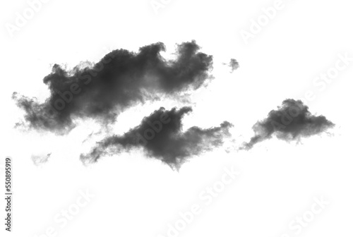 Abstract black puffs of smoke swirl overlay on transparent background pollution. Royalty high-quality free stock PNG image of abstract smoke overlays on white background. Black smoke swirls fragments