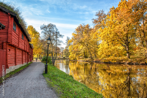 River Svartån and historic Wadköping during autumn in Örebro, Sweden
