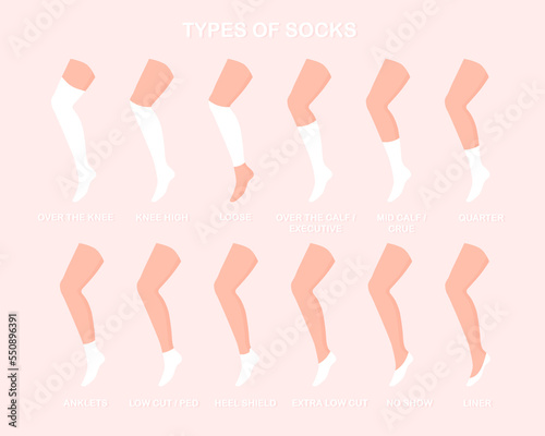 Types of socks set. Socks of different heights and various forms. Vector illustration isolated.