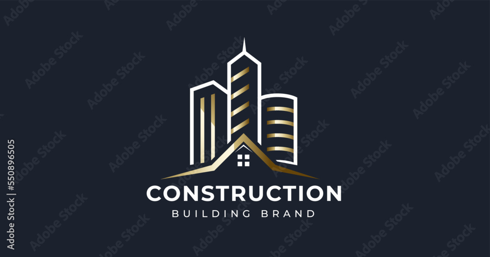 Golden city house building real estate with line style concept logo icon symbol design template Golden city house building real estate with line style concept logo icon symbol design template