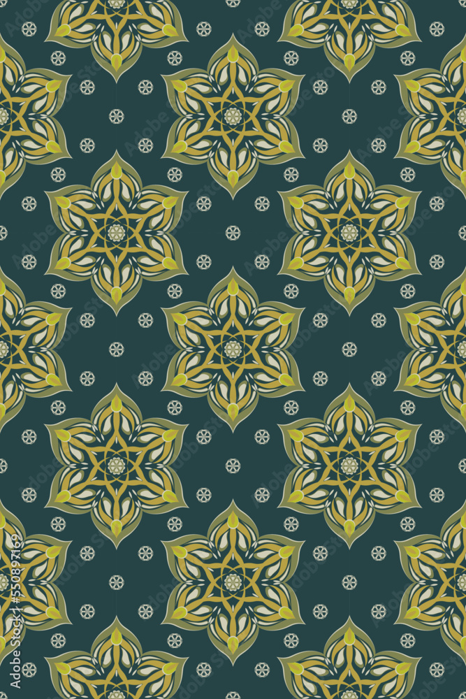 Indian style seamless vector pattern with flower star in green and gold tones. Indian style seamless vector pattern with flower star in green and gold tones.