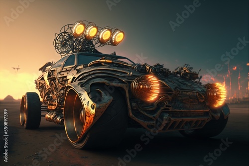 phantasmagoric dune buggy, bone, apocalypse, car wasteland, fantasy,fictional car made with generative ai