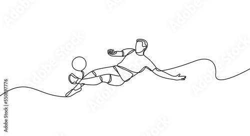 Football player kicks the ball in continuous line drawing style. Minimalist black linear sketch on a white background. Football vector illustration