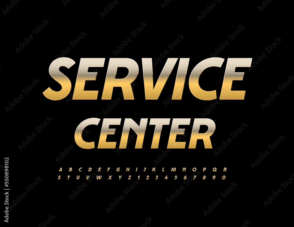 Vector golden emblem Service Center. Elegant shiny Font. Artistic Alphabet Letters and Numbers set Vector golden emblem Service Center. Elegant shiny Font. Artistic Alphabet Letters and Numbers set