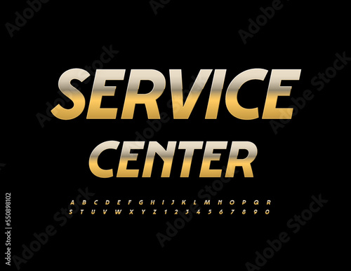 Vector golden emblem Service Center. Elegant shiny Font. Artistic Alphabet Letters and Numbers set 