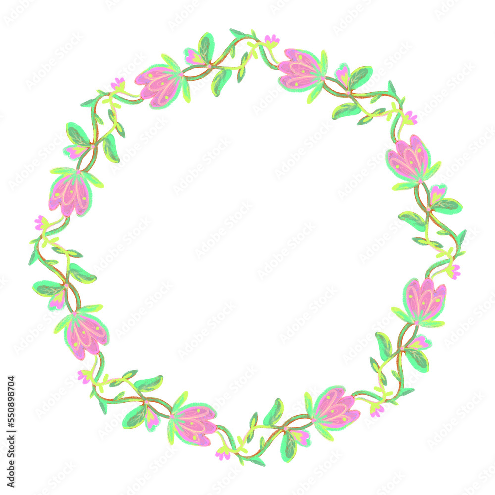 Floral decorative bright wreath with pastel flowers on transparent background. PNG.