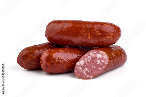 Smoked german sausages, isolated on white background.