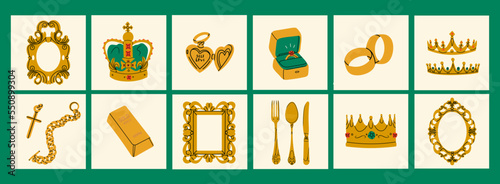 Big Golden set. Precious jewelry concept. Gold bar, heart shaped locket, frame, wedding rings, crown, golden chain, cross, spoon. Hand drawn modern Vector illustration. Isolated icons