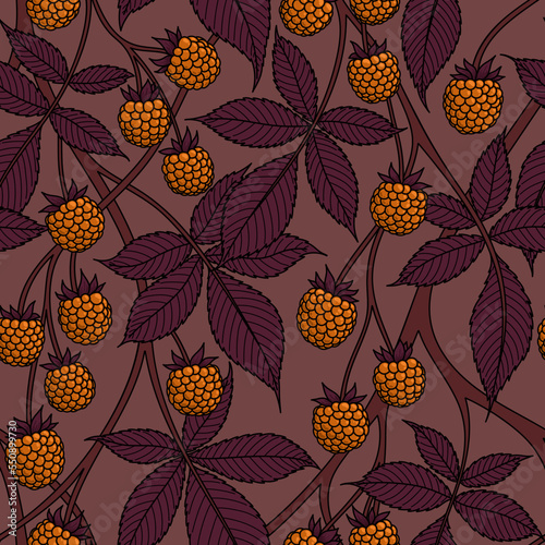 PINK SEAMLESS VECTOR BACKGROUND WITH ORANGE BLACKBERRY FRUITS