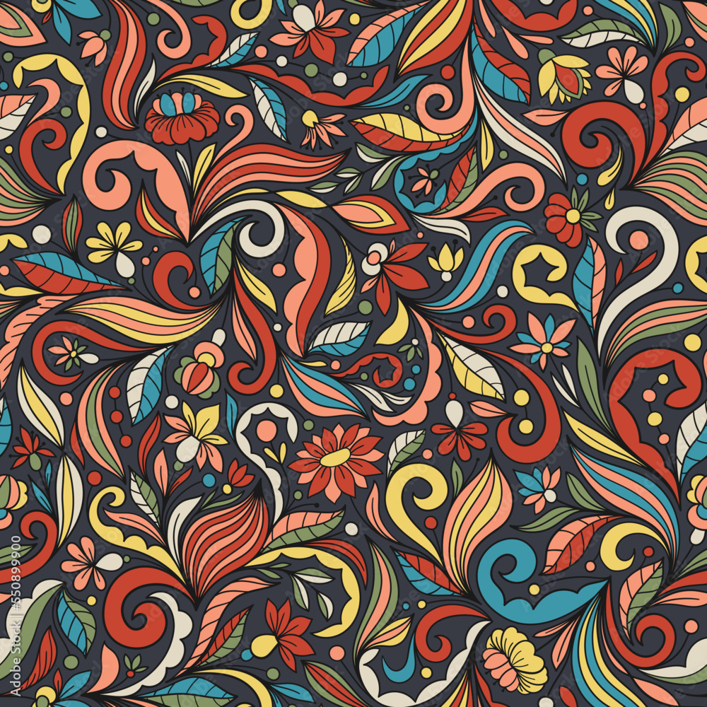 GRAY SEAMLESS VECTOR BACKGROUND WITH A COMPLEX MULTICOLORED FLORAL ORNAMENT