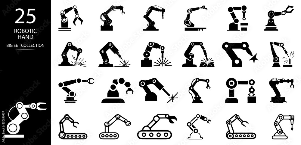 Naklejka premium Robotic hand manipulator silhouette symbol icon. Robot limb logo. Robot arm. automation, robot, CNC shape logo.