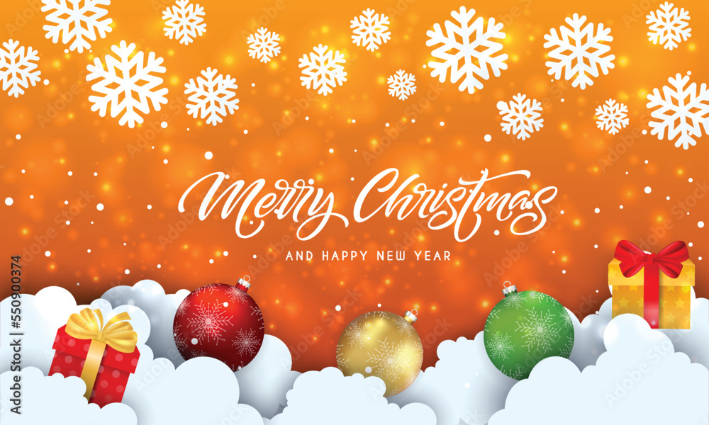 merry christmas and happy new year with bokeh and lens flare pattern on summer orange color background.