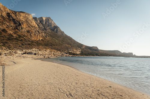 Yellow sand, rocky landscape and mediterranean sea in Crete. Incredible landscapes of Greece