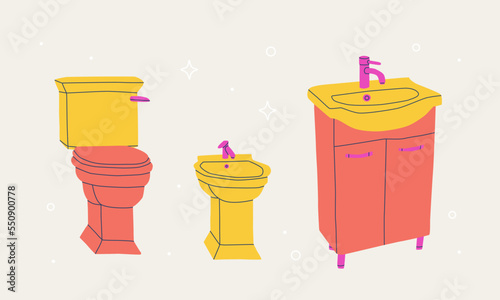 Bathroom furniture. Sink, toilet and bidet. Vector isolated illustration.