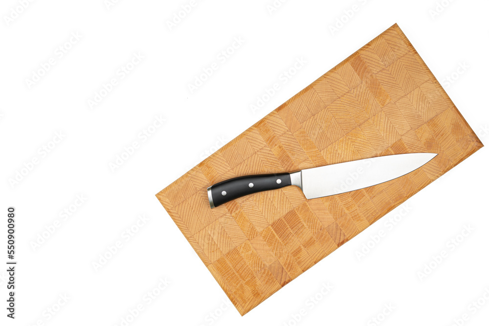 Cook Knife on the wooden endgrain cutting board above white background